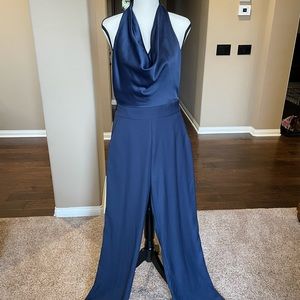 Dark blue halter jumpsuit with tie around the waist